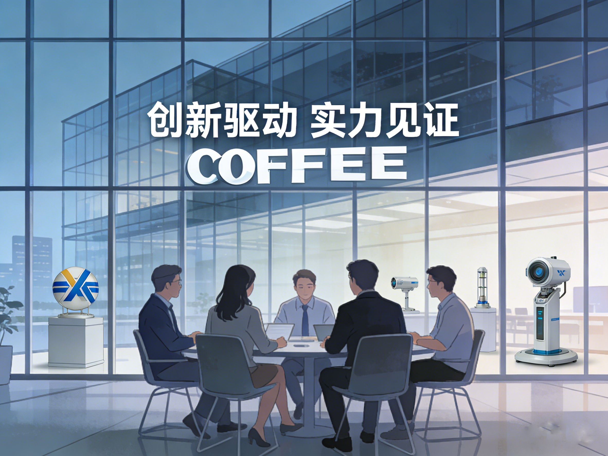 现代化厂房外景，白色建筑配蓝色玻璃幕墙，绿色植被环绕，阳光充足天气